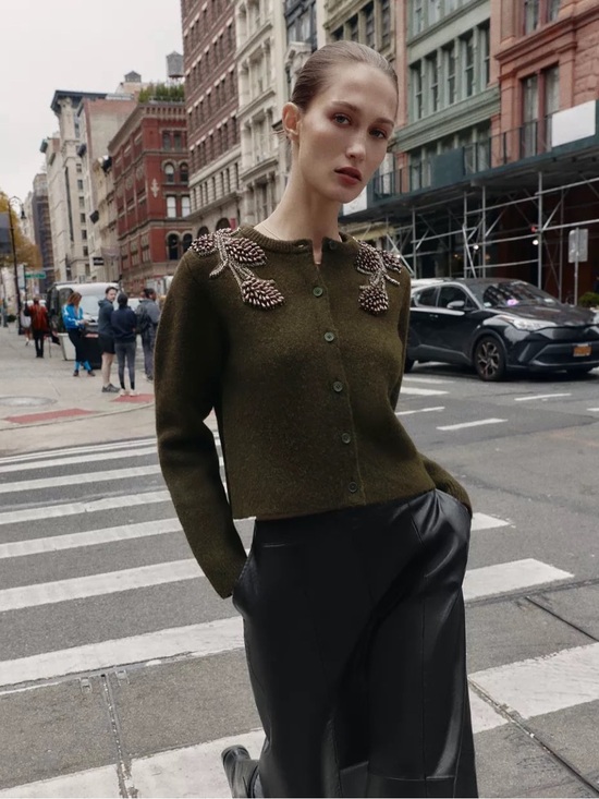Zara Sweaters - NWT Zara Green/Brown Wool Blend Beaded Cardigan. Size L.
